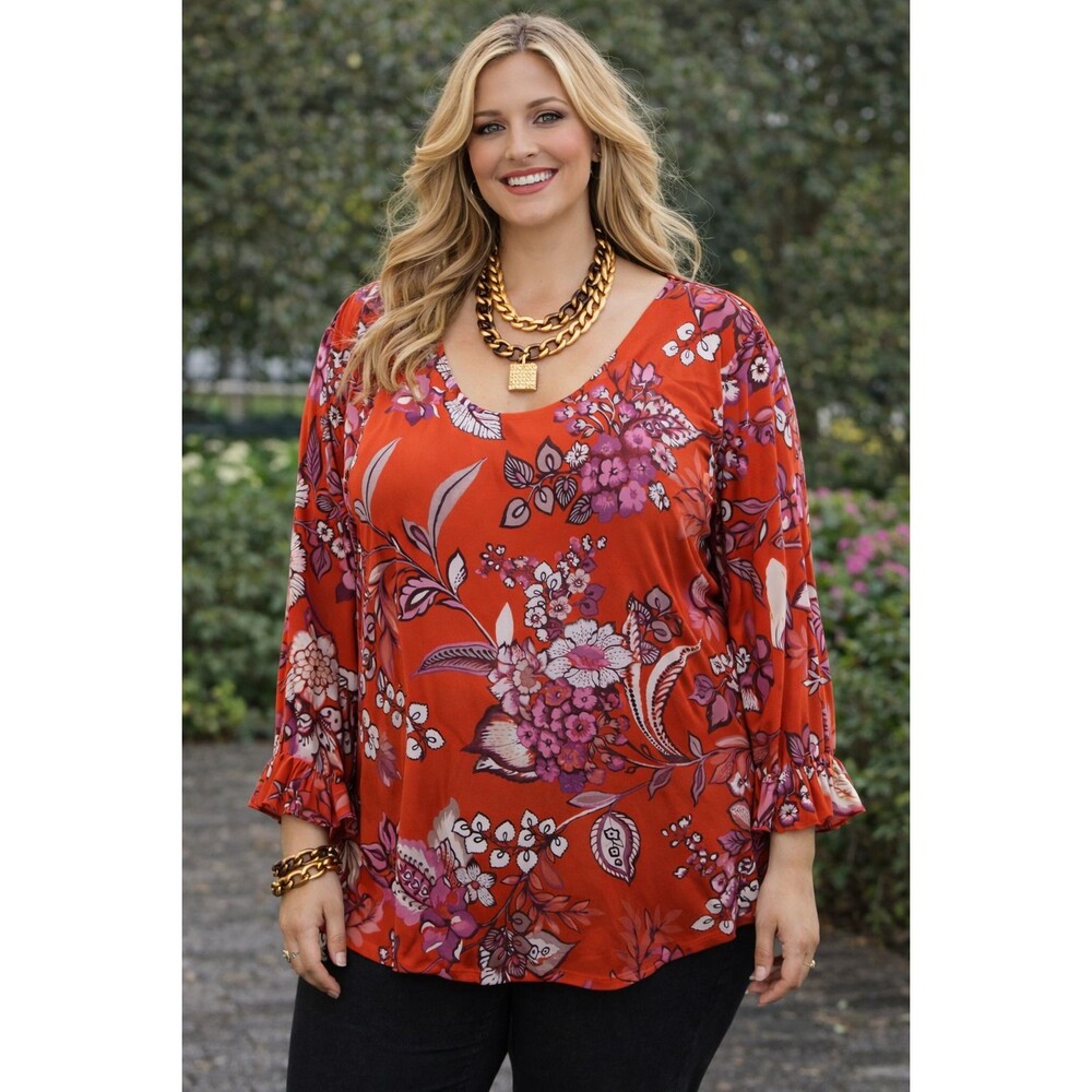 Attitudes by Renee Printed Knit Top 3X Red Floral Ruffle Sleeves